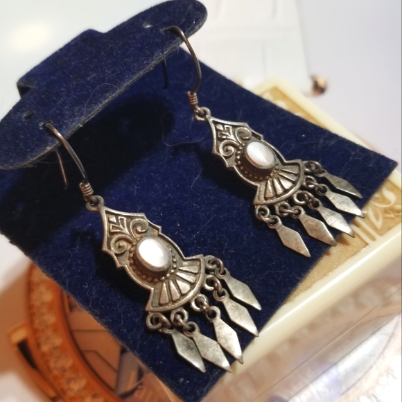 VTG Boho Sterling Mother of Pearl Dangling Earrings - Picture 2 of 7